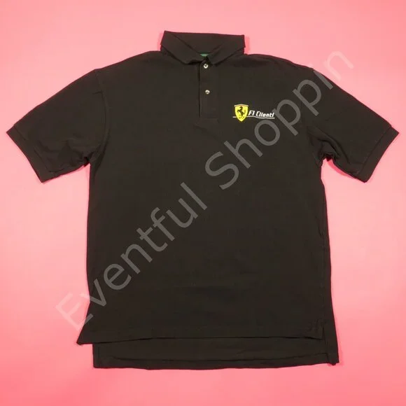 Vintage Ferrari Polo Shirt Mens Large Black F1 Clienti Mesh Cotton Outer Banks - Picture 2 of 7